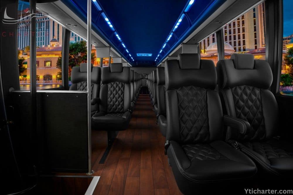 A spacious bus interior featuring comfortable seats designed for a relaxing travel experience, perfect for long journeys